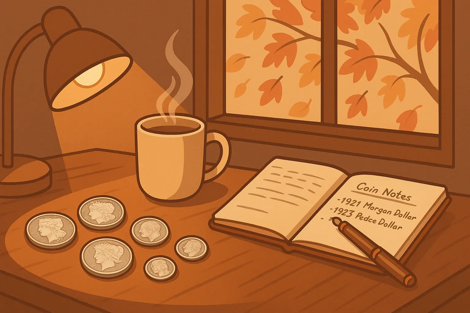 A still life with a study desk, coins, and coin notes.