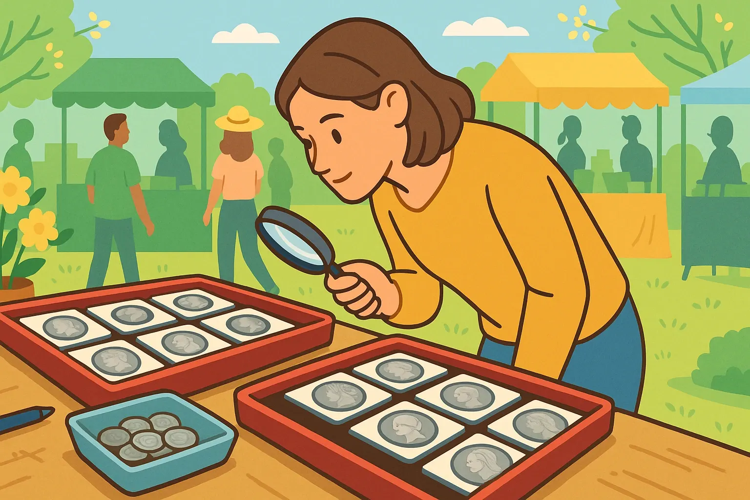 A woman looks through old coins on a summer vintage sale.
