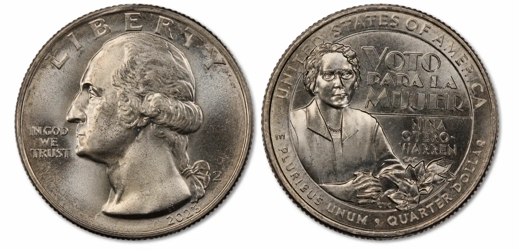 close-up of the Voto Para La Mujer quarter obverse and reverse
