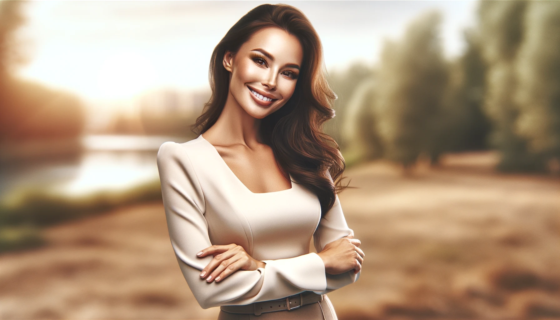 a beautiful woman standing and smiling warmly in a natural setting. She is wondering if Turkey is good for cosmetic surgery.