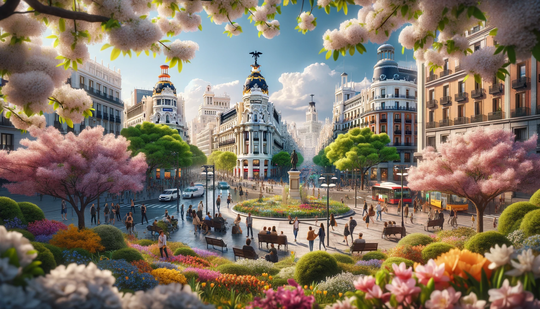 Madrid in spring, capturing the vibrant atmosphere of the city during this season.