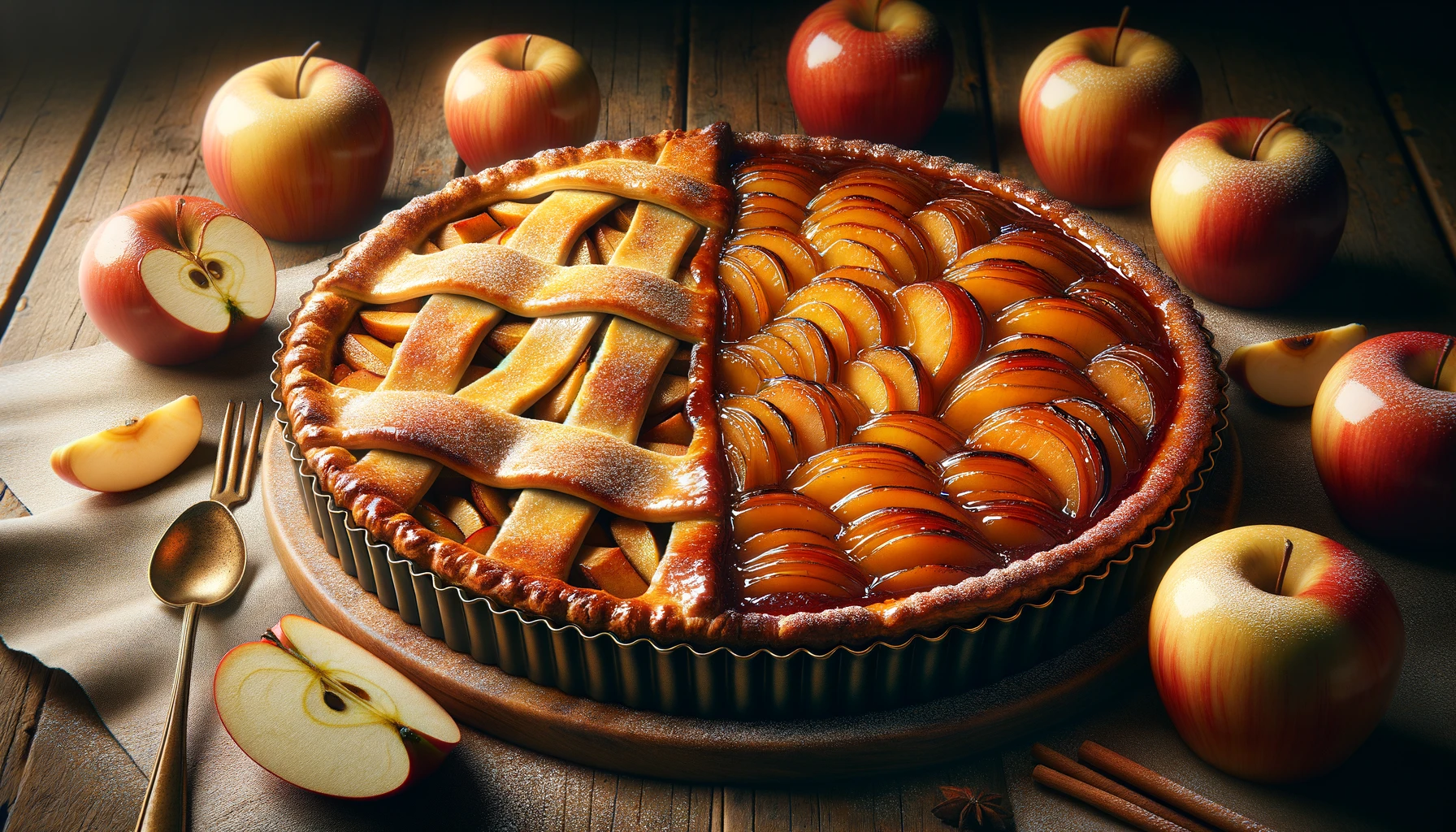 freshly baked apple pie and tarte tatin, side by side, showcasing the beauty and deliciousness of these classic desserts.