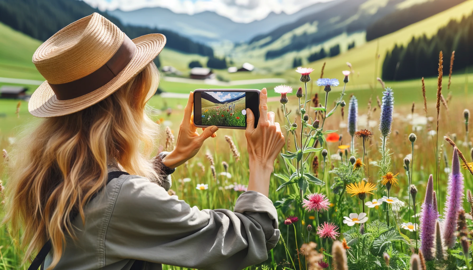 A blonde woman taking pictures of plants with her phone in a picturesque European meadow.