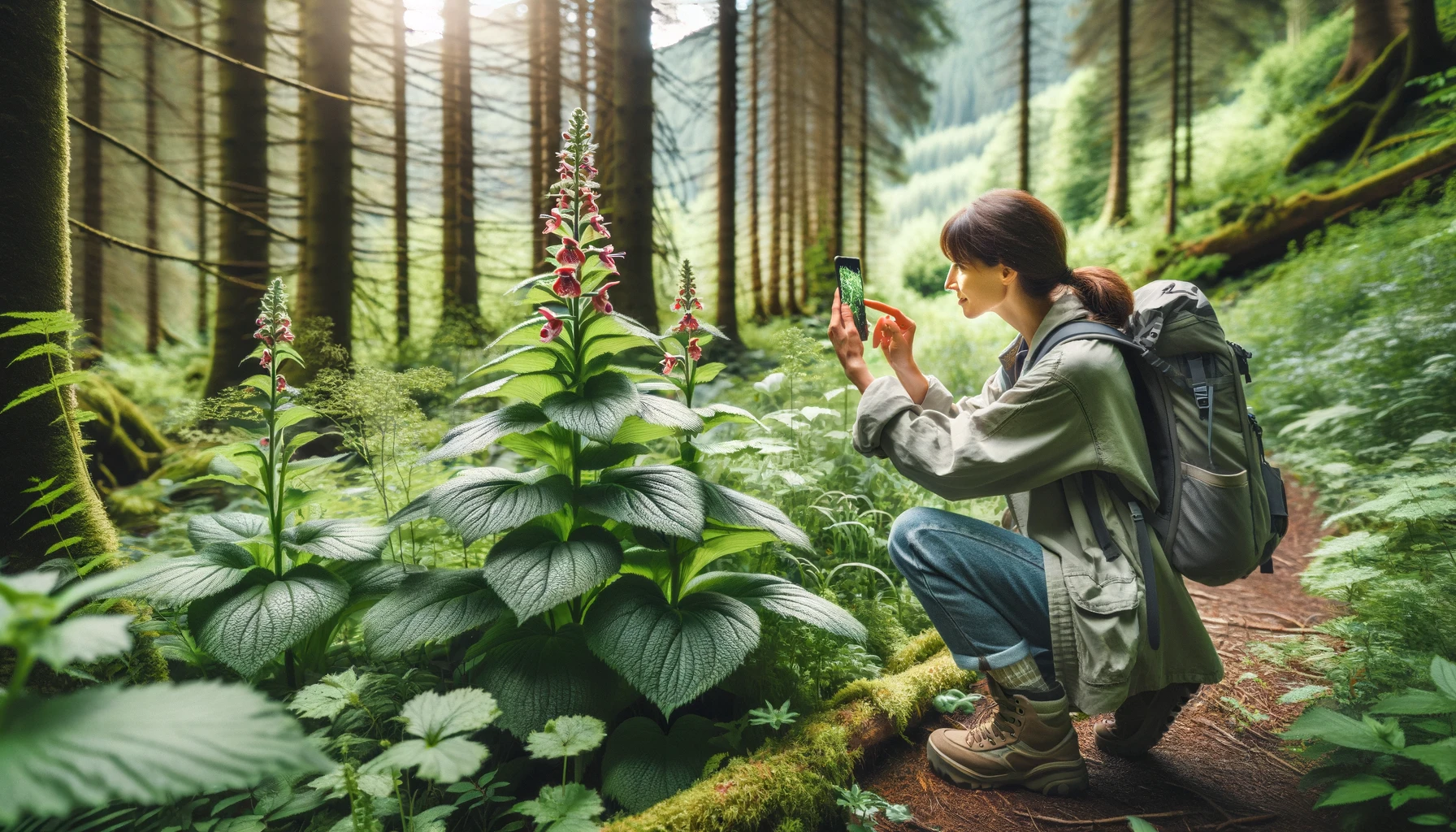 A woman taking pictures of plants with her phone in a lush, green forest in Western Europe. She is wearing casual outdoor clothing, including a light jacket and hiking boots, and has a backpack.