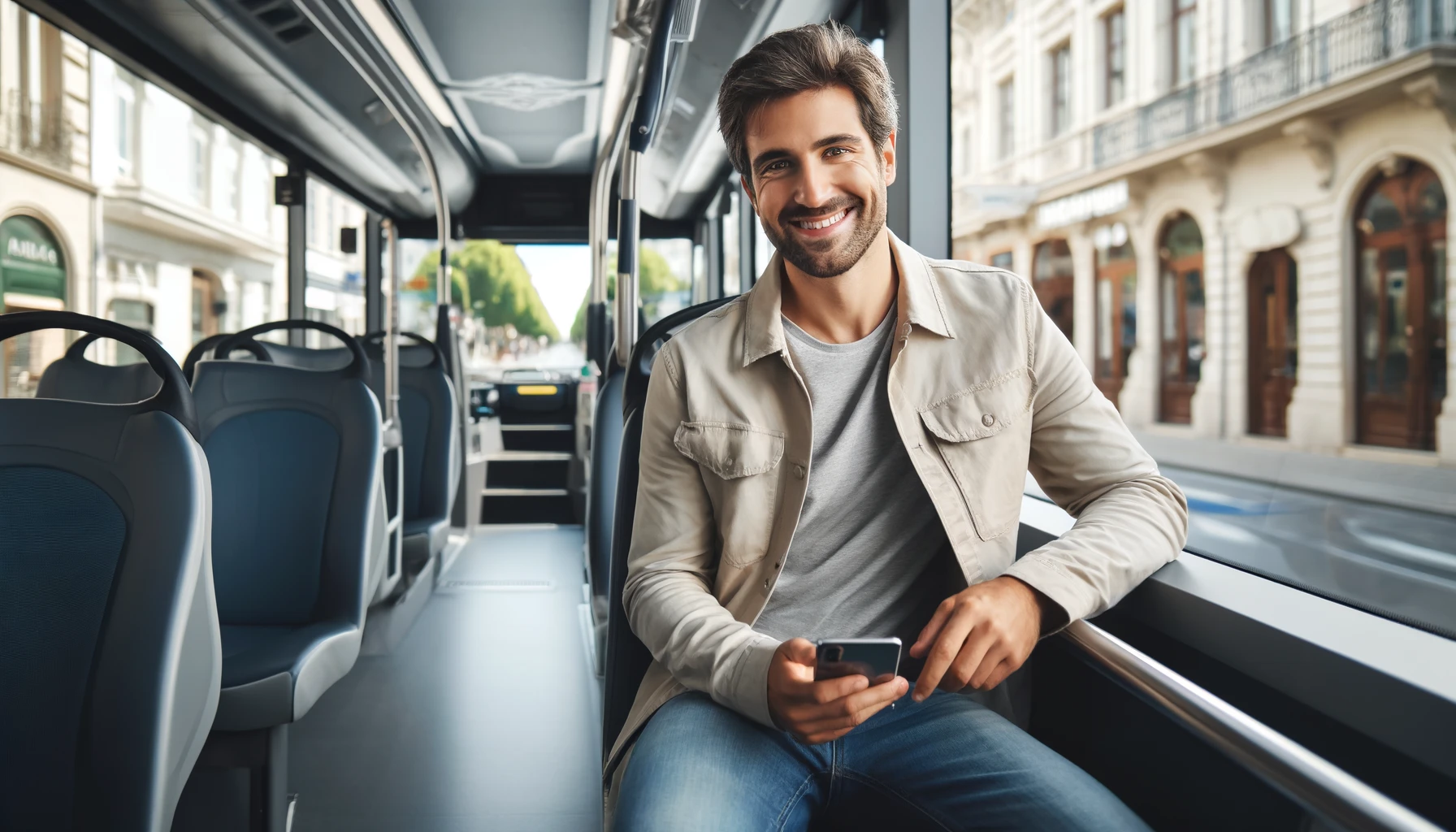 A smiling man sitting on a bus in Western Europe. He is casually dressed in a light jacket and jeans, holding a smartphone. 