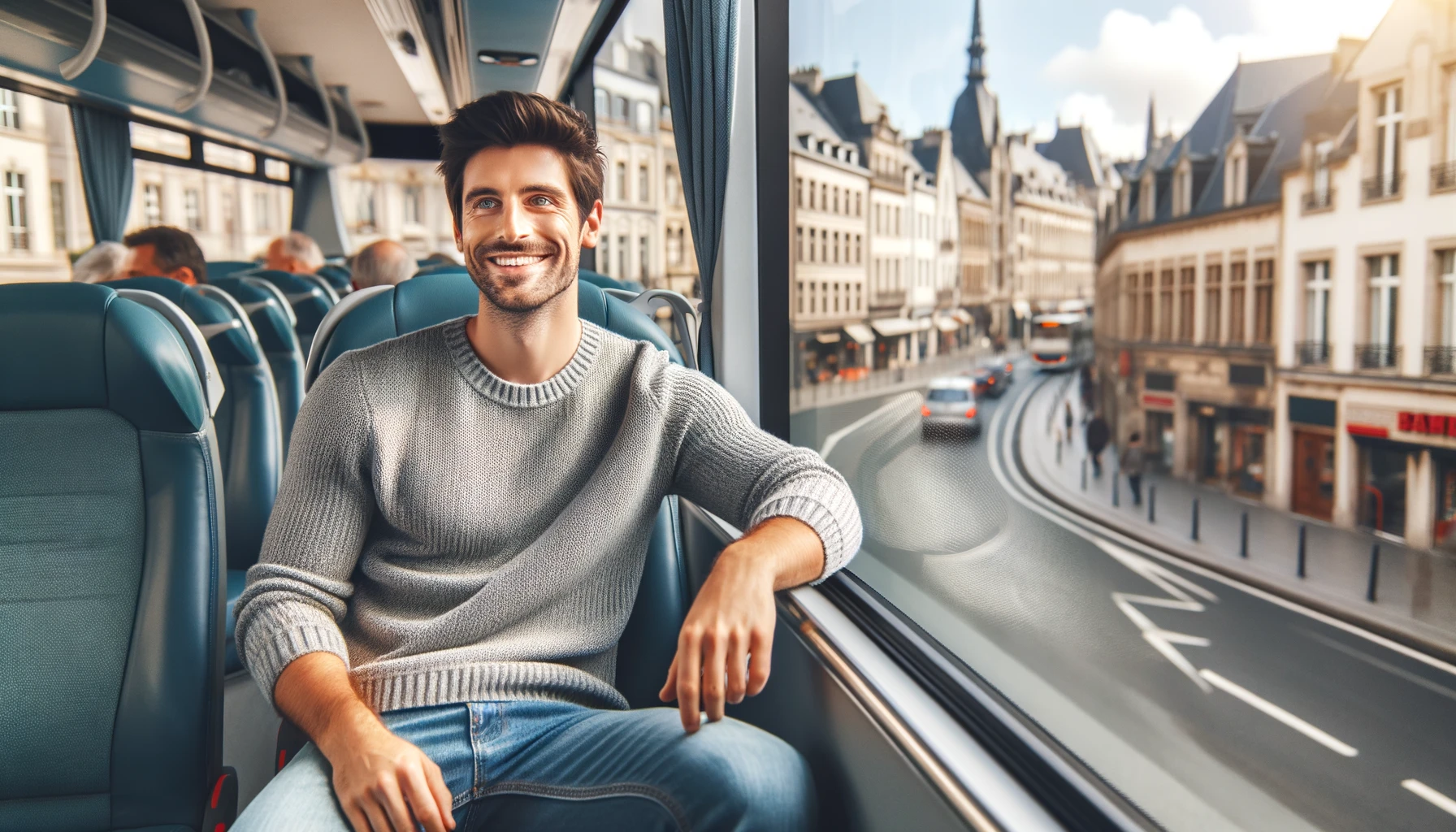 A smiling man sitting on a bus in Western Europe. He is wearing a casual sweater and jeans, looking out the window. 
