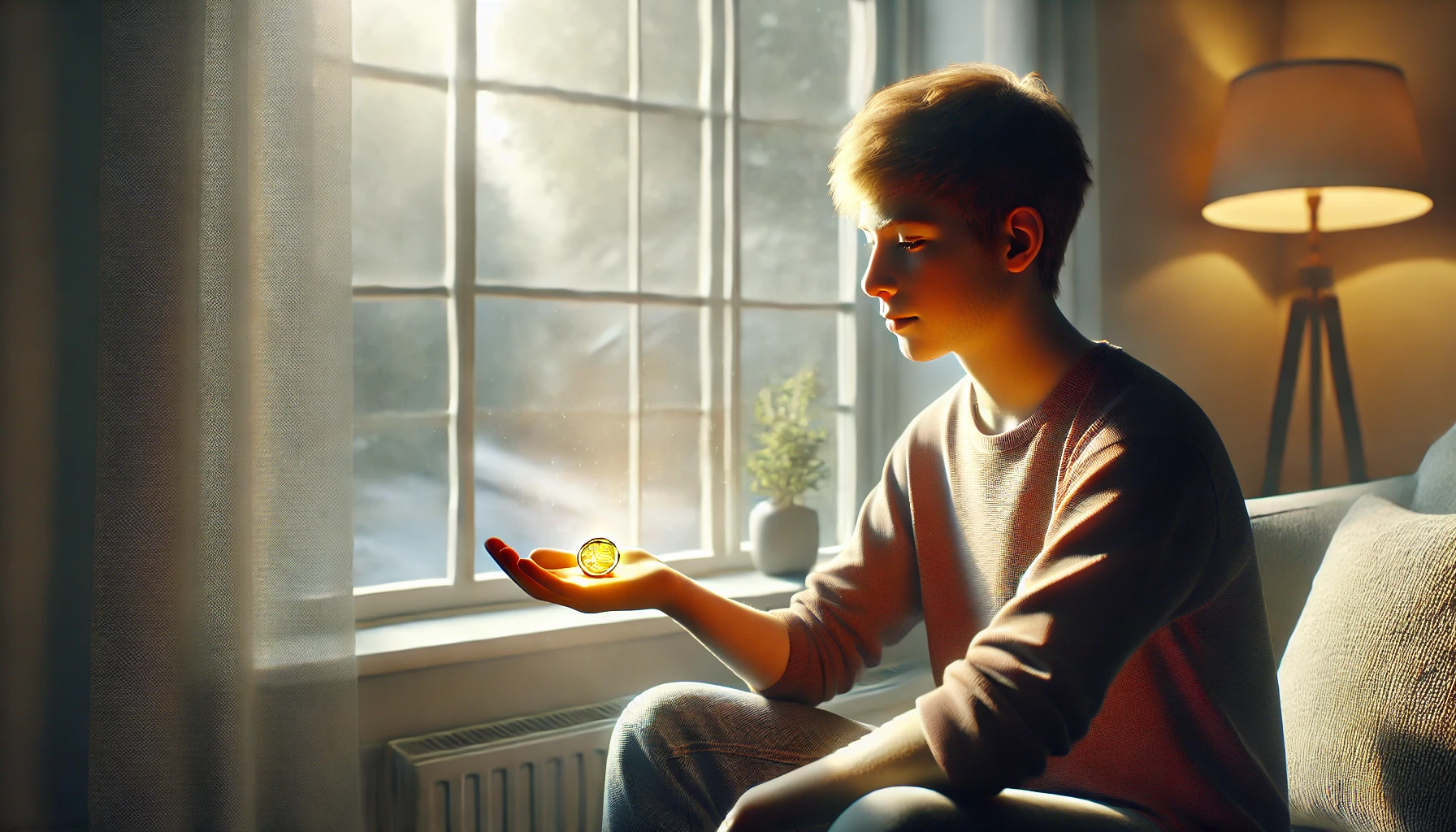 A teenager sitting by a window with soft natural light. He is gazing intently at a bright coin resting on the palm of his hand.