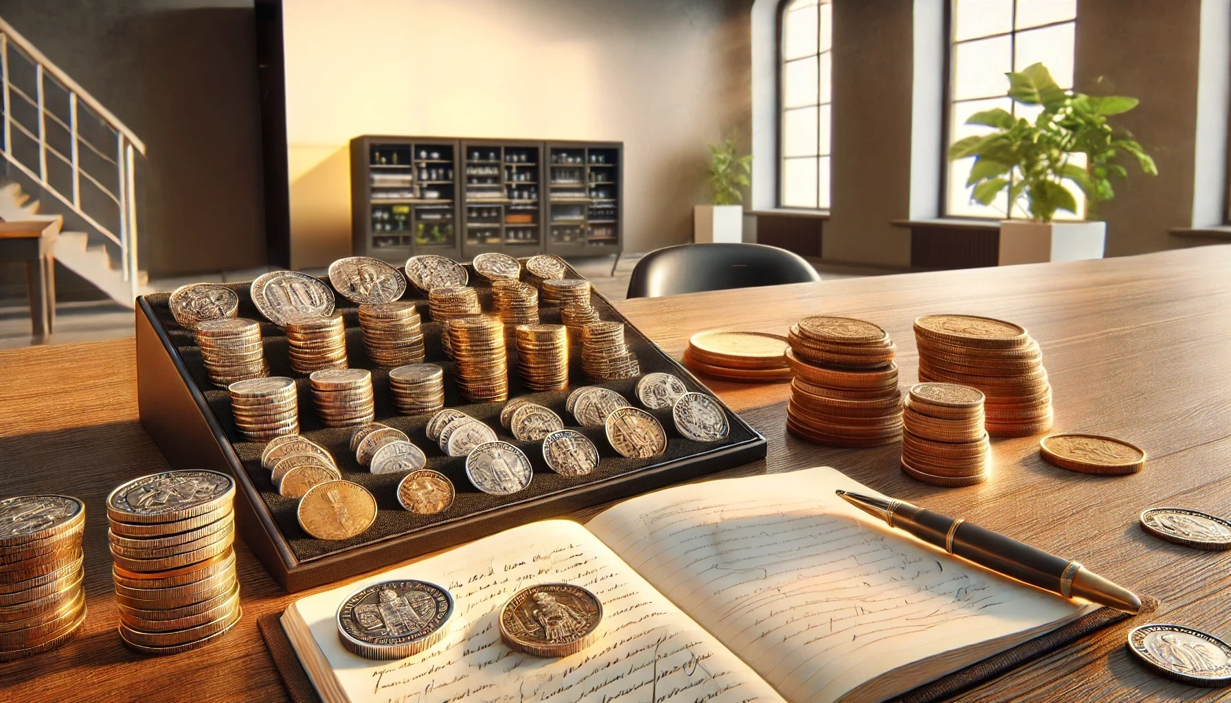 A  Western European coin collection being displayed on a table.