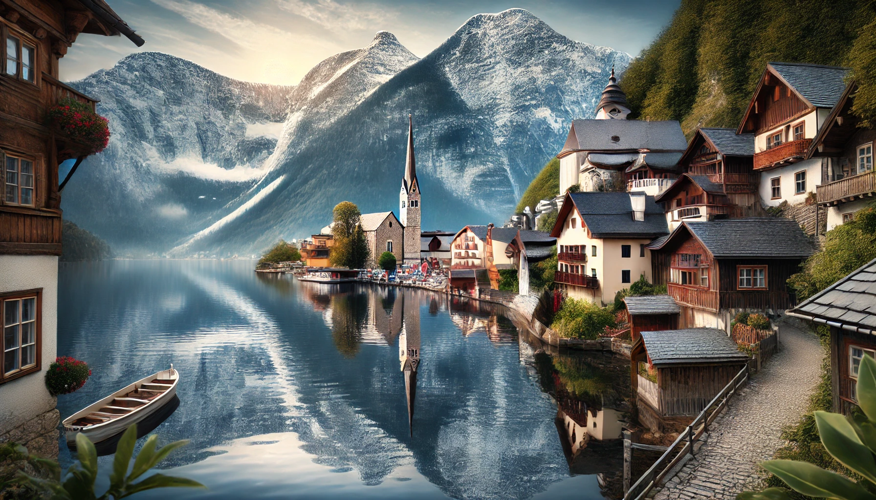 the picturesque village of Hallstatt, Austria. The scene captures the serene Hallstättersee (Lake Hallstatt) surrounded by towering snow-capped Dachstein mountains.