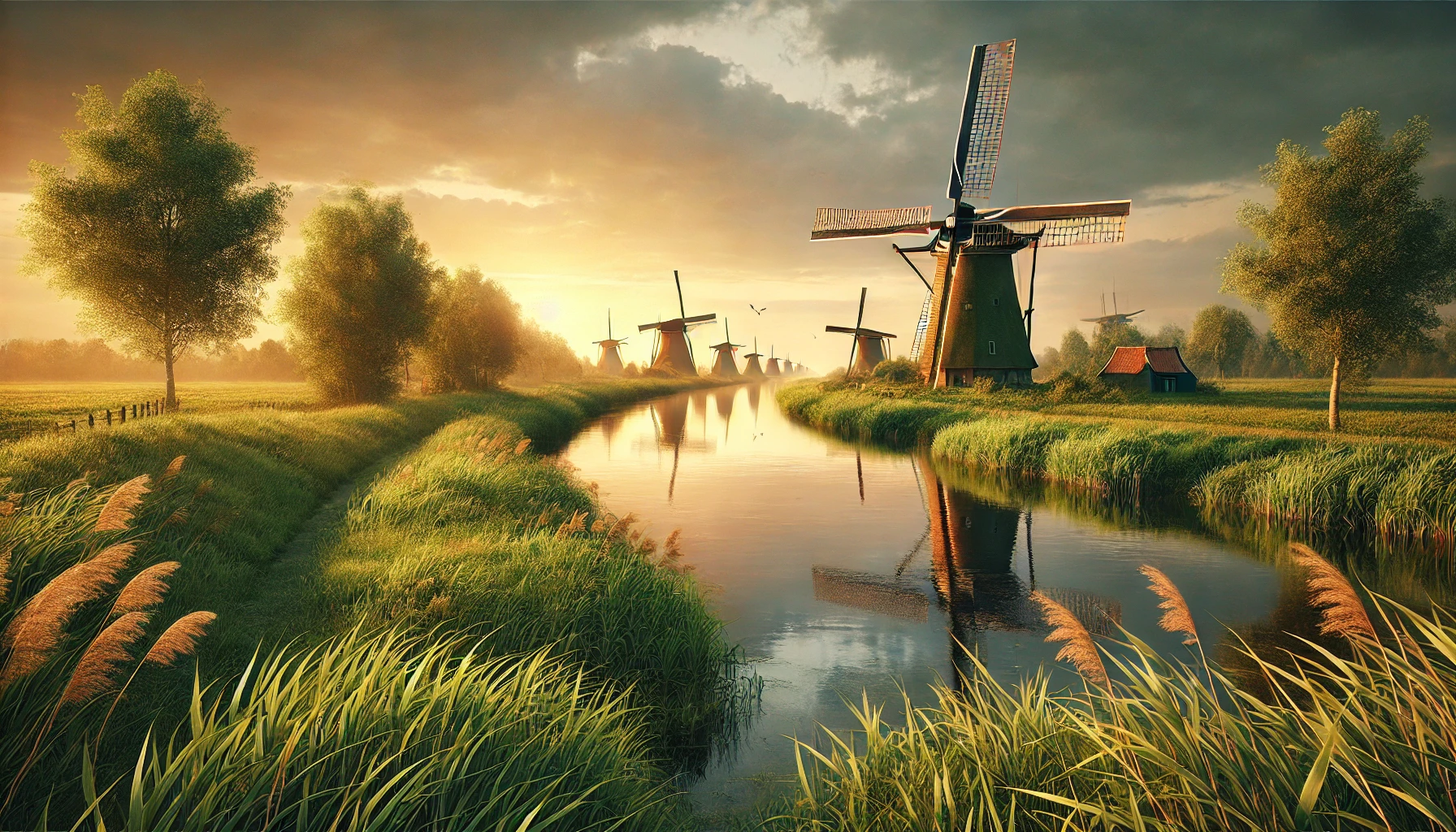 the Kinderdijk windmills in the Netherlands. The scene shows a tranquil canal bordered by lush green grass and dotted with traditional 18th-century windmills.