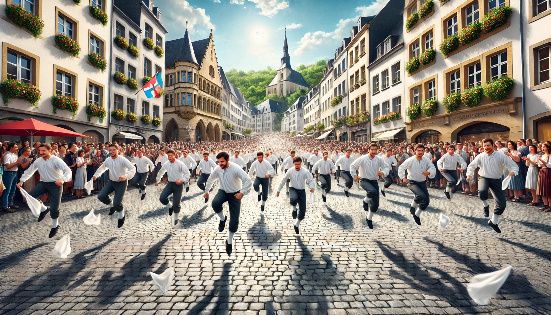 the Hopping Procession (Iechternacher Sprangprëssessioun) in Echternach, Luxembourg. Groups of participants in white shirts and dark trousers hop rhythmically through cobblestone streets, holding white handkerchiefs.