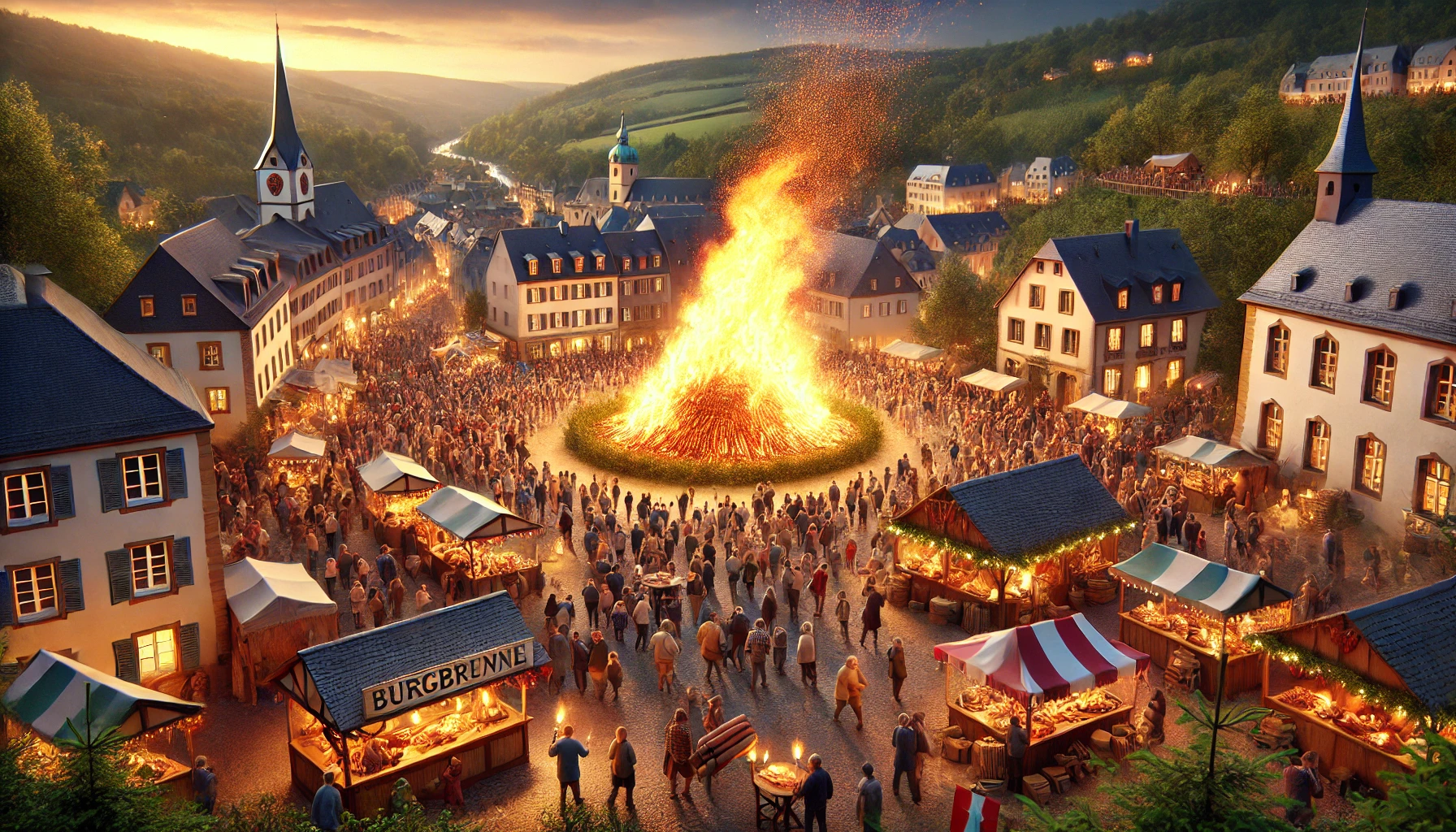 Luxembourg's Buergbrennen festival at dusk. A large bonfire is blazing atop a hill surrounded by a festive crowd. Participants carry torches as they gather around the fire.