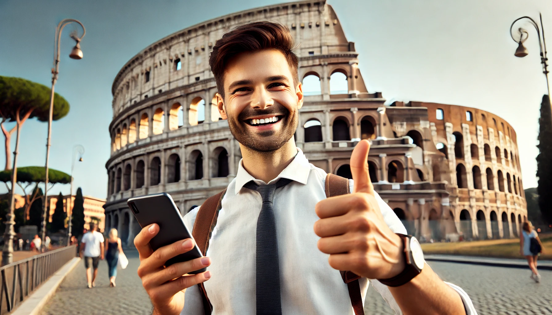 A satisfied man is standing in front of the Colosseum, exploring the sight due to smart technologies and his phone. He also gives a thumbs up as the exploration process is easy and pleasant.