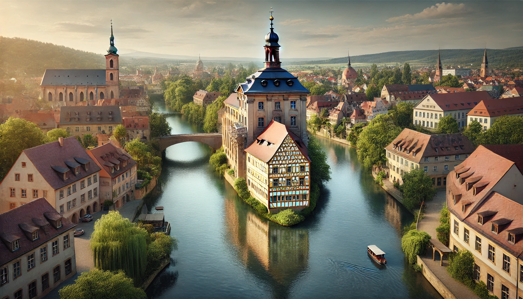 the serene town of Bamberg, Germany, known for its UNESCO-listed city center. The view captures the old town hall (Altes Rathaus) beautifully perched on an island in the middle of the Regnitz River.