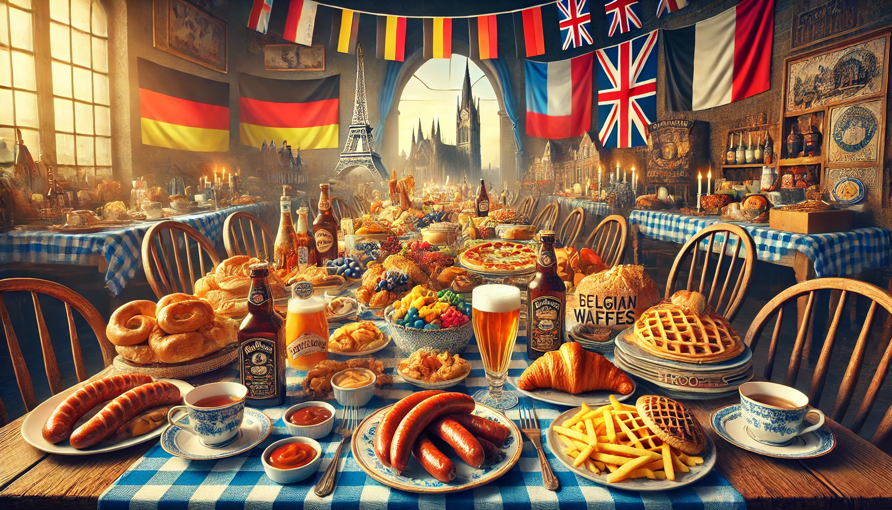 a diverse culinary journey through Western Europe, showcasing a table spread with iconic dishes from Germany, France, Belgium, England, and the Netherlands.