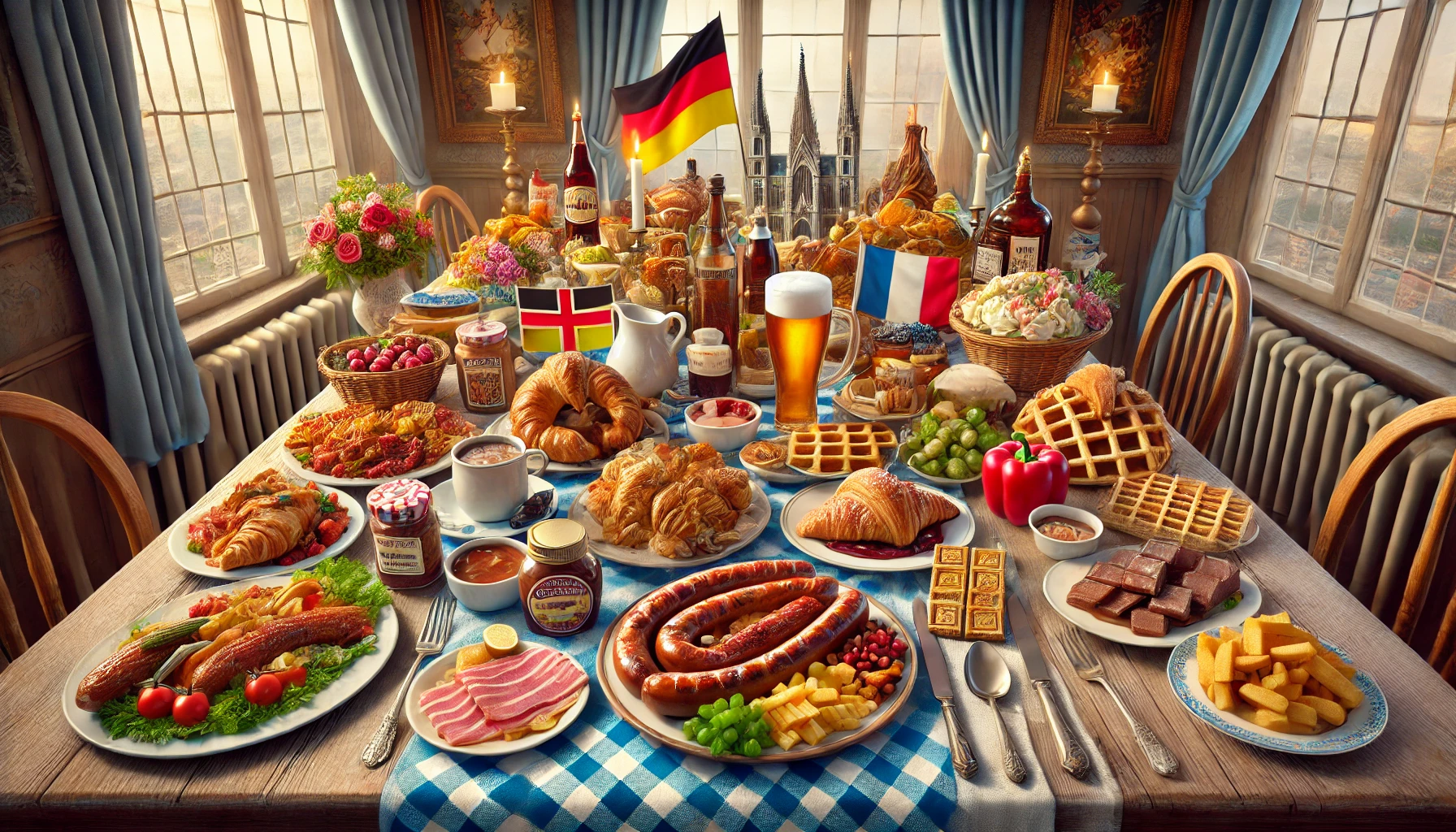 iconic dishes from Western Europe, featuring a table set with a variety of foods from Germany, France, Belgium, England, and the Netherlands.