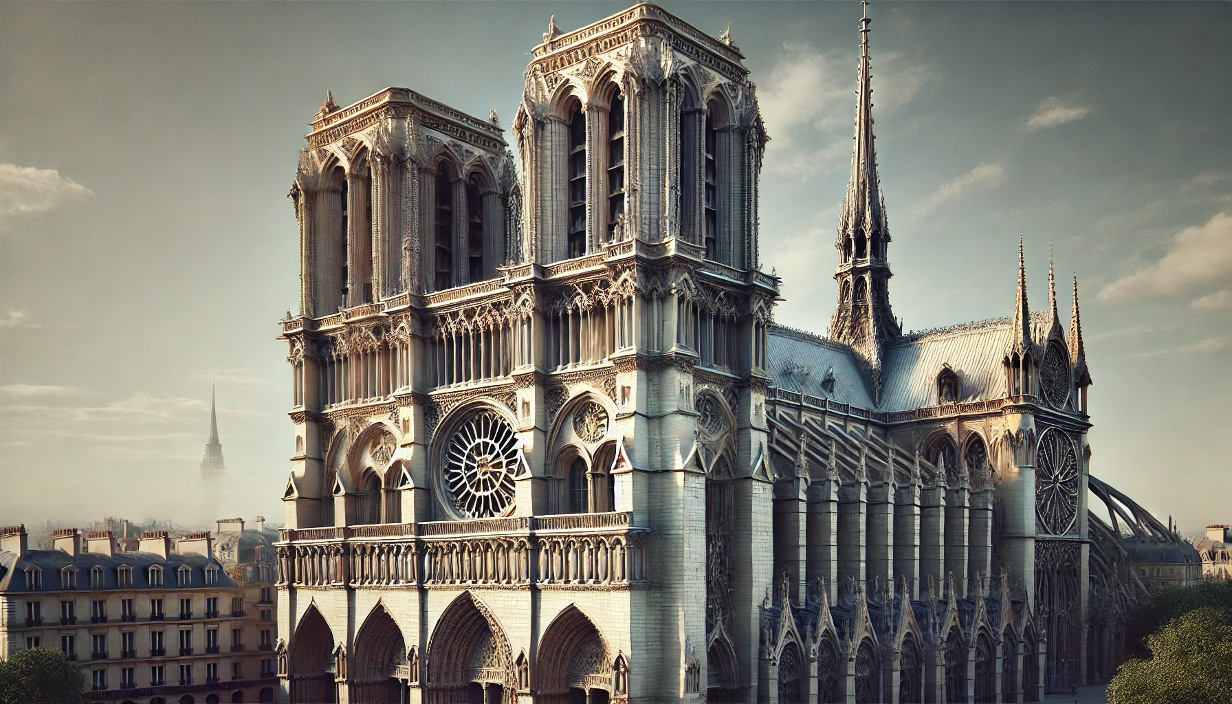 Gothic architecture in Western Europe, showcasing the majestic Notre-Dame Cathedral in Paris with its intricate facade and stunning rose windows.