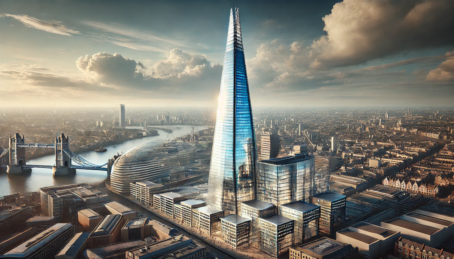 a modern architectural marvel in Western Europe, showcasing The Shard in London. The image captures the sleek, glass façade of The Shard, reflecting the city skyline.